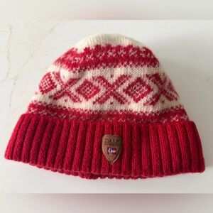 Dale of Norway Red and White Wool Knit Beanie with Logo Patch